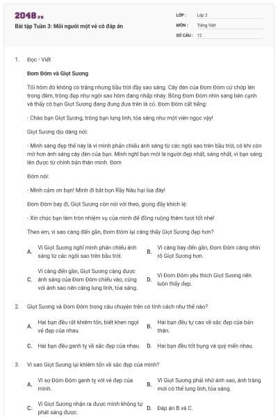 Bài tập Tuần 3: Mỗi người một vẻ có đáp án