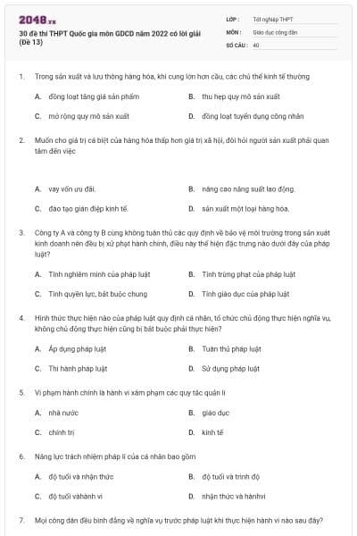 30 đề thi THPT Quốc gia môn GDCD năm 2022 có lời giải (Đề 13)