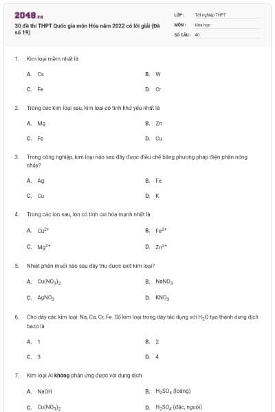 30 đề thi THPT Quốc gia môn Hóa năm 2022 có lời giải (Đề số 19)