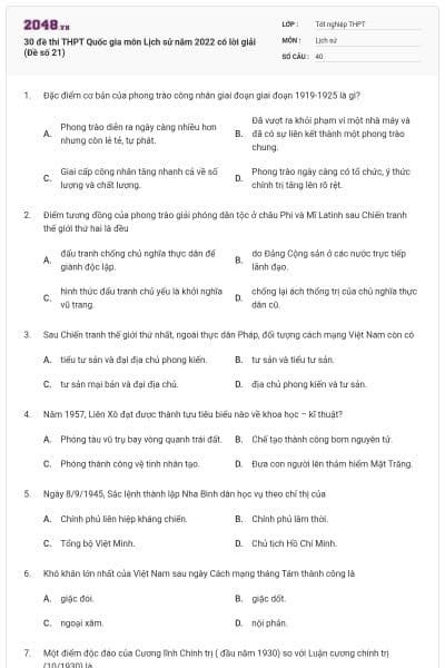 30 đề thi THPT Quốc gia môn Lịch sử năm 2022 có lời giải (Đề số 21)