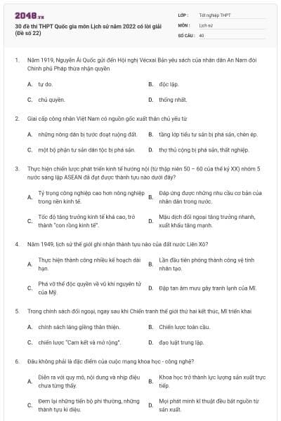 30 đề thi THPT Quốc gia môn Lịch sử năm 2022 có lời giải (Đề số 22)