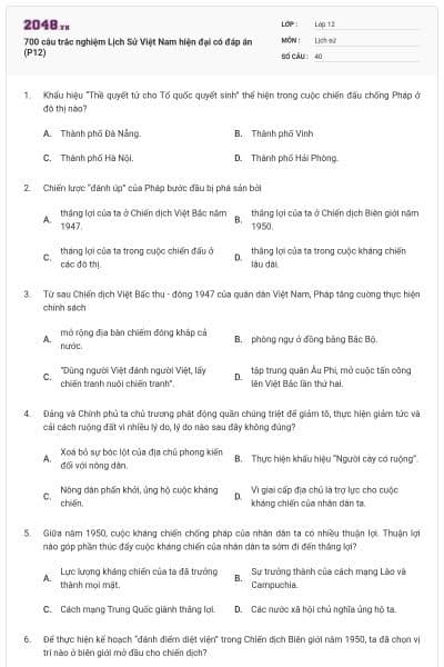 700 câu trắc nghiệm Lịch Sử Việt Nam hiện đại có đáp án (P12)