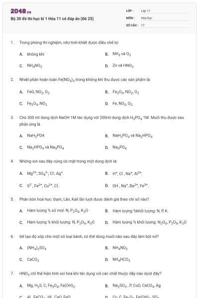 Bộ 30 đề thi học kì 1 Hóa 11 có đáp án (Đề 25)