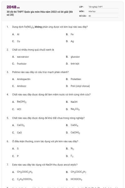30 đề thi THPT Quốc gia môn Hóa năm 2022 có lời giải (Đề số 20)
