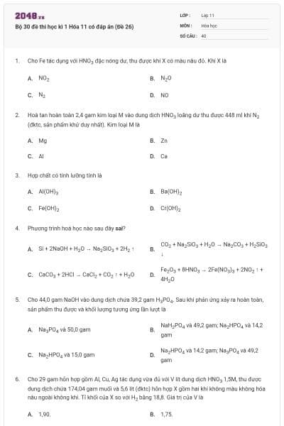 Bộ 30 đề thi học kì 1 Hóa 11 có đáp án (Đề 26)