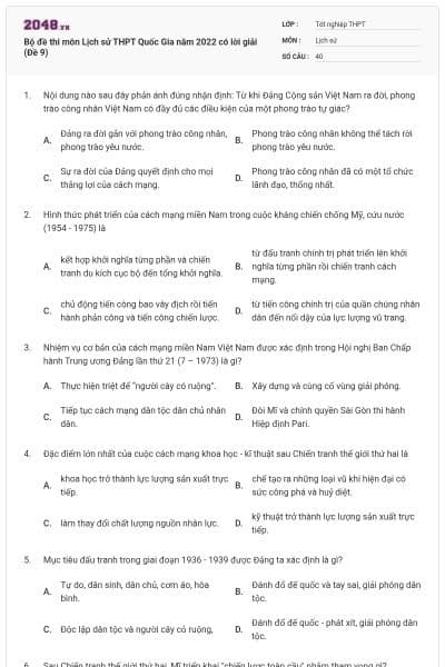 Bộ đề thi môn Lịch sử THPT Quốc Gia năm 2022 có lời giải (Đề 9)