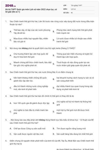 Đề thi THPT Quốc gia môn Lịch sử năm 2022 chọn lọc, có lời giải (Đề số 1)