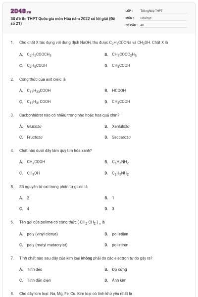 30 đề thi THPT Quốc gia môn Hóa năm 2022 có lời giải (Đề số 21)