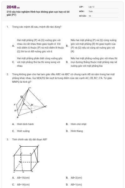 210 câu trắc nghiệm Hình học không gian cực hay có lời giải (P7)
