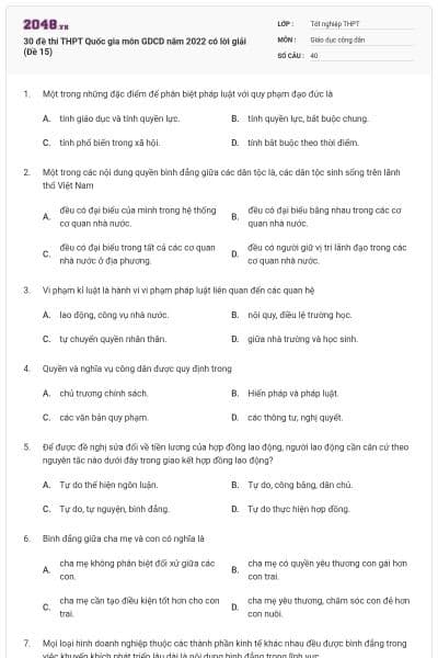 30 đề thi THPT Quốc gia môn GDCD năm 2022 có lời giải (Đề 15)