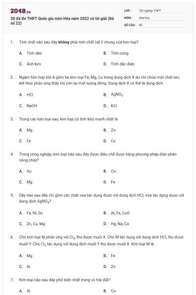 30 đề thi THPT Quốc gia môn Hóa năm 2022 có lời giải (Đề số 22)