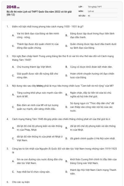 Bộ đề thi môn Lịch sử THPT Quốc Gia năm 2022 có lời giải (Đề 12)