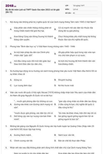 Bộ đề thi môn Lịch sử THPT Quốc Gia năm 2022 có lời giải (Đề 15)