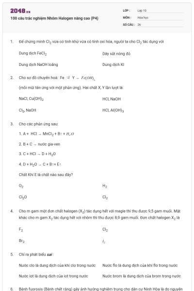 100 câu trắc nghiệm Nhóm Halogen nâng cao (P4)