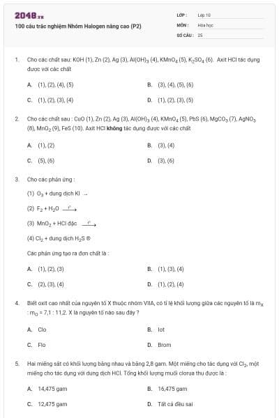 100 câu trắc nghiệm Nhóm Halogen nâng cao (P2)