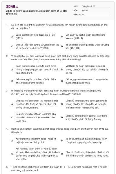 30 đề thi THPT Quốc gia môn Lịch sử năm 2022 có lời giải (Đề số 27)