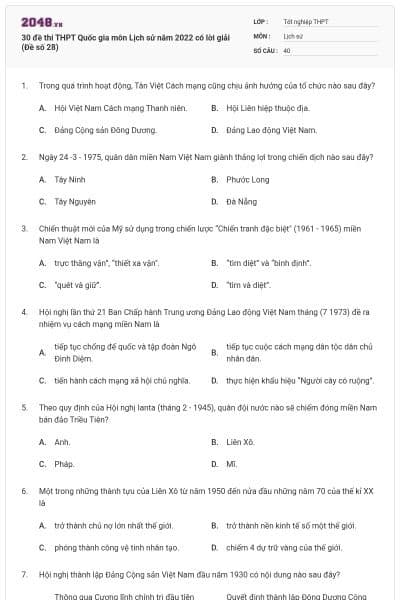 30 đề thi THPT Quốc gia môn Lịch sử năm 2022 có lời giải (Đề số 28)
