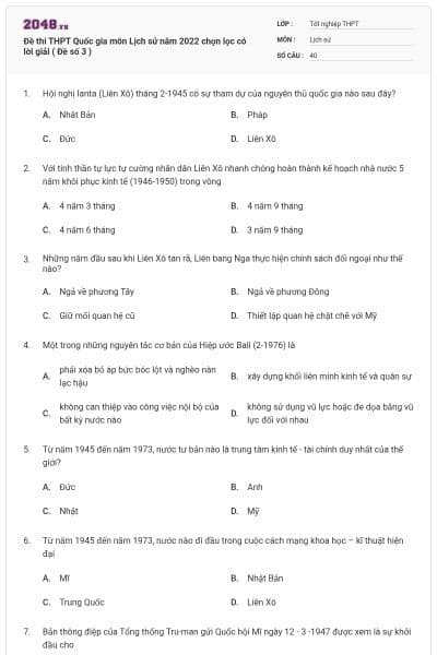 Đề thi THPT Quốc gia môn Lịch sử năm 2022 chọn lọc có lời giải ( Đề số 3 )