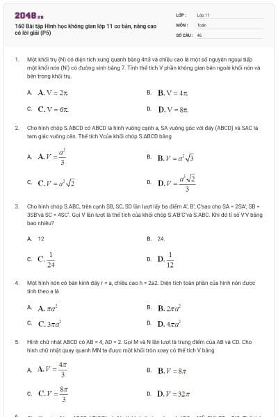 160 Bài tập Hình học không gian lớp 11 cơ bản, nâng cao có lời giải (P5)
