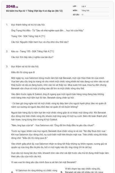 Đề kiểm tra Học kì 1 Tiếng Việt lớp 4 có đáp án (Đề 12)