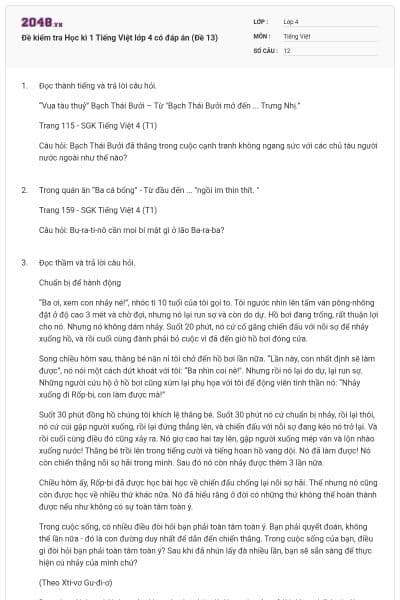 Đề kiểm tra Học kì 1 Tiếng Việt lớp 4 có đáp án (Đề 13)