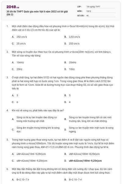 30 đề thi THPT Quốc gia môn Vật lí năm 2022 có lời giải (Đề 3)