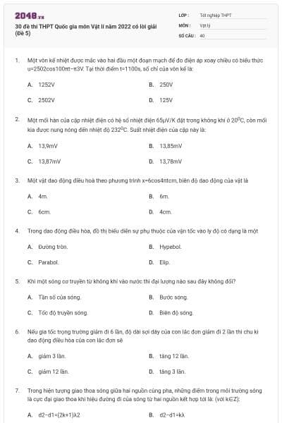 30 đề thi THPT Quốc gia môn Vật lí năm 2022 có lời giải (Đề 5)