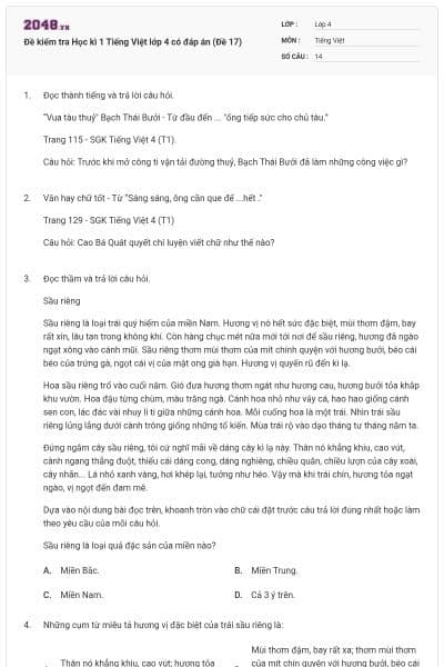 Đề kiểm tra Học kì 1 Tiếng Việt lớp 4 có đáp án (Đề 17)