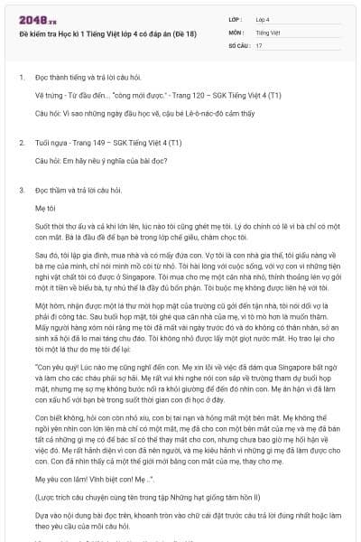 Đề kiểm tra Học kì 1 Tiếng Việt lớp 4 có đáp án (Đề 18)