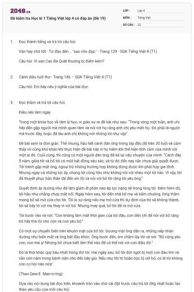 Đề kiểm tra Học kì 1 Tiếng Việt lớp 4 có đáp án (Đề 19)