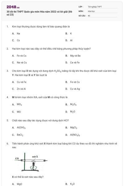 30 đề thi THPT Quốc gia môn Hóa năm 2022 có lời giải (Đề số 23)