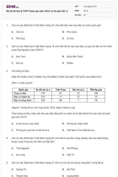 Bộ đề thi Địa lý THPT Quốc gia năm 2022 có lời giải (đề 1)