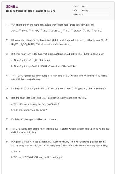 Bộ 30 đề thi học kì 1 Hóa 11 có đáp án (Đề 27)