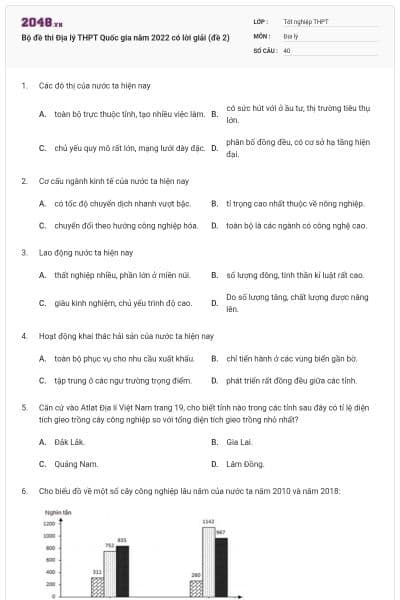 Bộ đề thi Địa lý THPT Quốc gia năm 2022 có lời giải (đề 2)