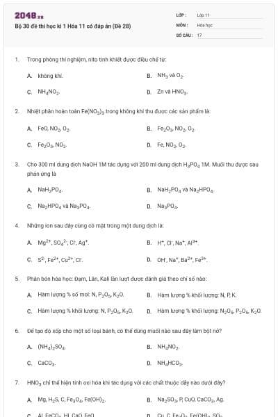 Bộ 30 đề thi học kì 1 Hóa 11 có đáp án (Đề 28)
