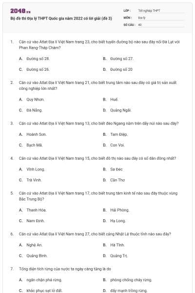 Bộ đề thi Địa lý THPT Quốc gia năm 2022 có lời giải (đề 3)