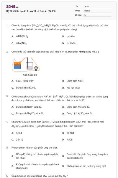 Bộ 30 đề thi học kì 1 Hóa 11 có đáp án (Đề 29)