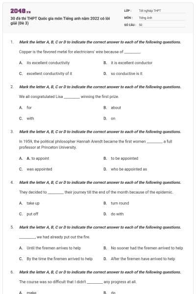 30 đề thi THPT Quốc gia môn Tiếng anh năm 2022 có lời giải (Đề 3)