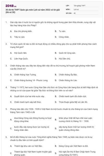 30 đề thi THPT Quốc gia môn Lịch sử năm 2022 có lời giải (Đề số 30)