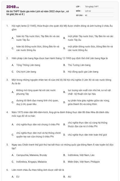 Đề thi THPT Quốc gia môn Lịch sử năm 2022 chọn lọc , có lời giải( Đề số 8 )