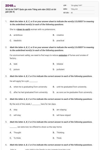 30 đề thi THPT Quốc gia môn Tiếng anh năm 2022 có lời giải (Đề 4)