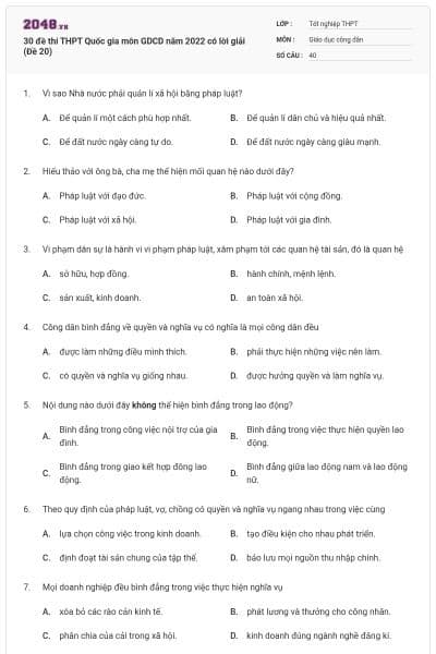 30 đề thi THPT Quốc gia môn GDCD năm 2022 có lời giải (Đề 20)