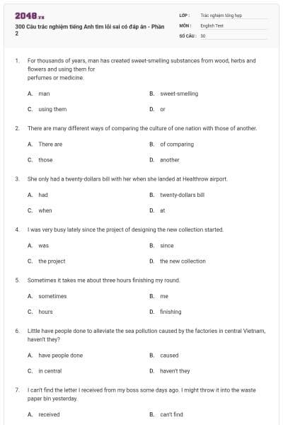 300 Câu trắc nghiệm tiếng Anh tìm lỗi sai có đáp án - Phần 2