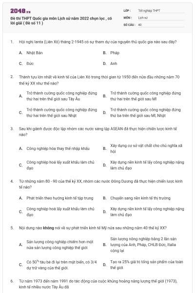 Đề thi THPT Quốc gia môn Lịch sử năm 2022 chọn lọc , có lời giải ( Đề số 11 )
