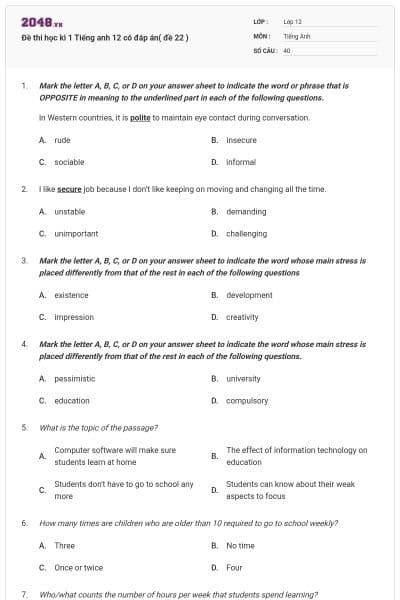 Đề thi học kì 1 Tiếng anh 12 có đáp án( đề 22 )