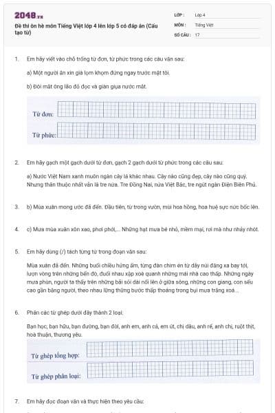 Đề thi ôn hè môn Tiếng Việt lớp 4 lên lớp 5 có đáp án (Cấu tạo từ)