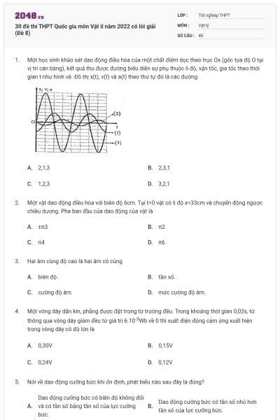 30 đề thi THPT Quốc gia môn Vật lí năm 2022 có lời giải (Đề 8)