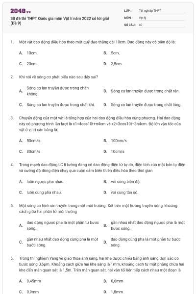 30 đề thi THPT Quốc gia môn Vật lí năm 2022 có lời giải (Đề 9)