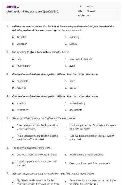 Đề thi học kì 1 Tiếng anh 12 có đáp án( đề 23 )