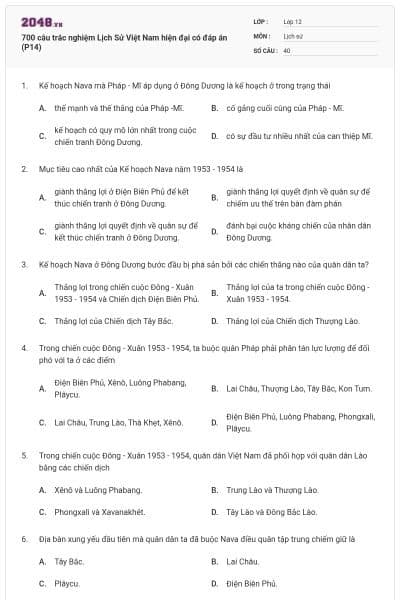 700 câu trắc nghiệm Lịch Sử Việt Nam hiện đại có đáp án (P14)